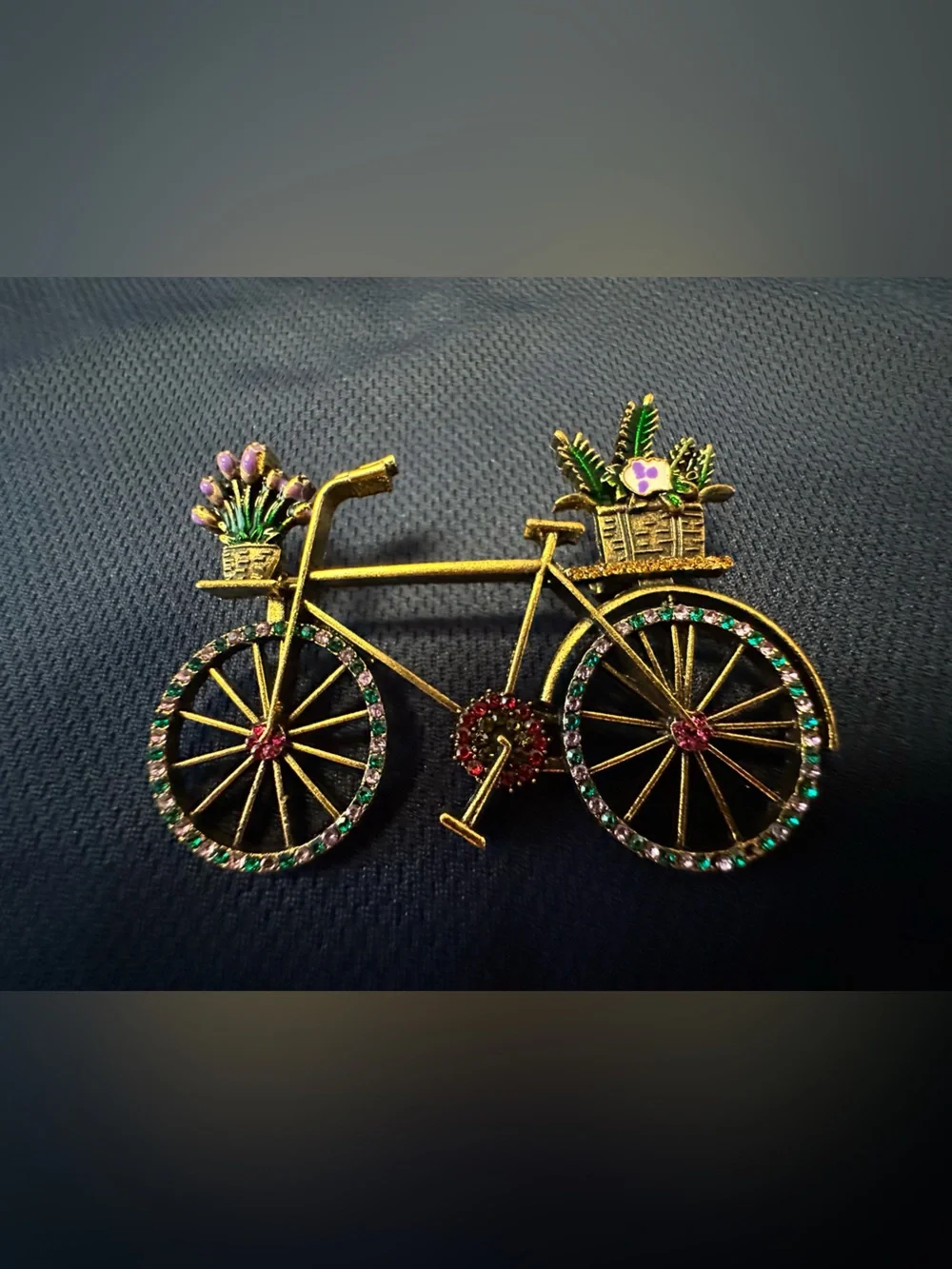 Gold-Tone Bicycle Brooch with Pink & Green Accents